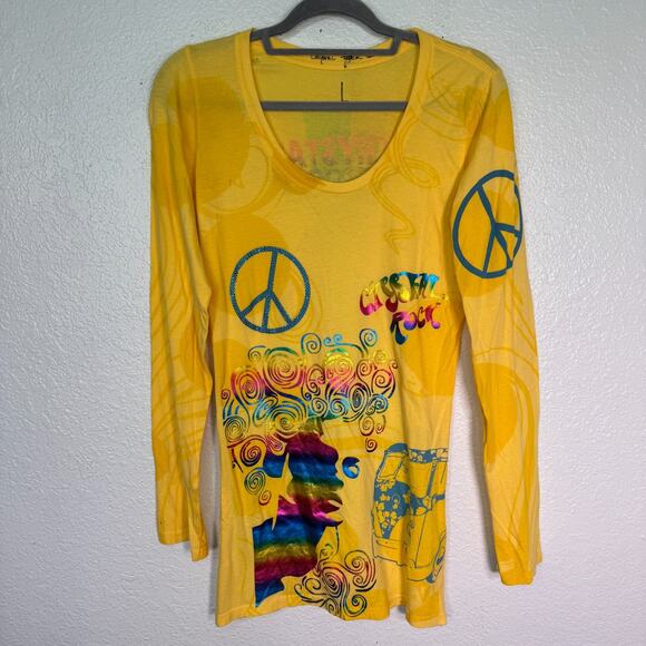 Christian Audigier Crystal Rock Y2K Shirt Women Large Hippie Free Spirit Top NEW - Picture 1 of 14